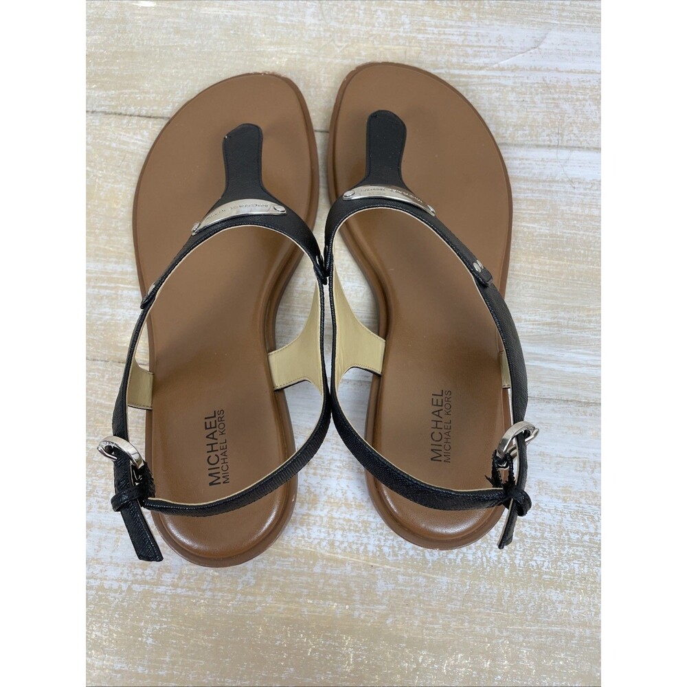 Michael Kors MK Plate Silver Logo Women's Black Leather Sandals Sz 9M - Picture 5 of 10